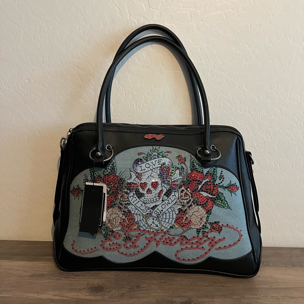 Ed Hardy Black Satchel Bag w/ Floral Love Kills Slowly  Rhinestone Skull Design